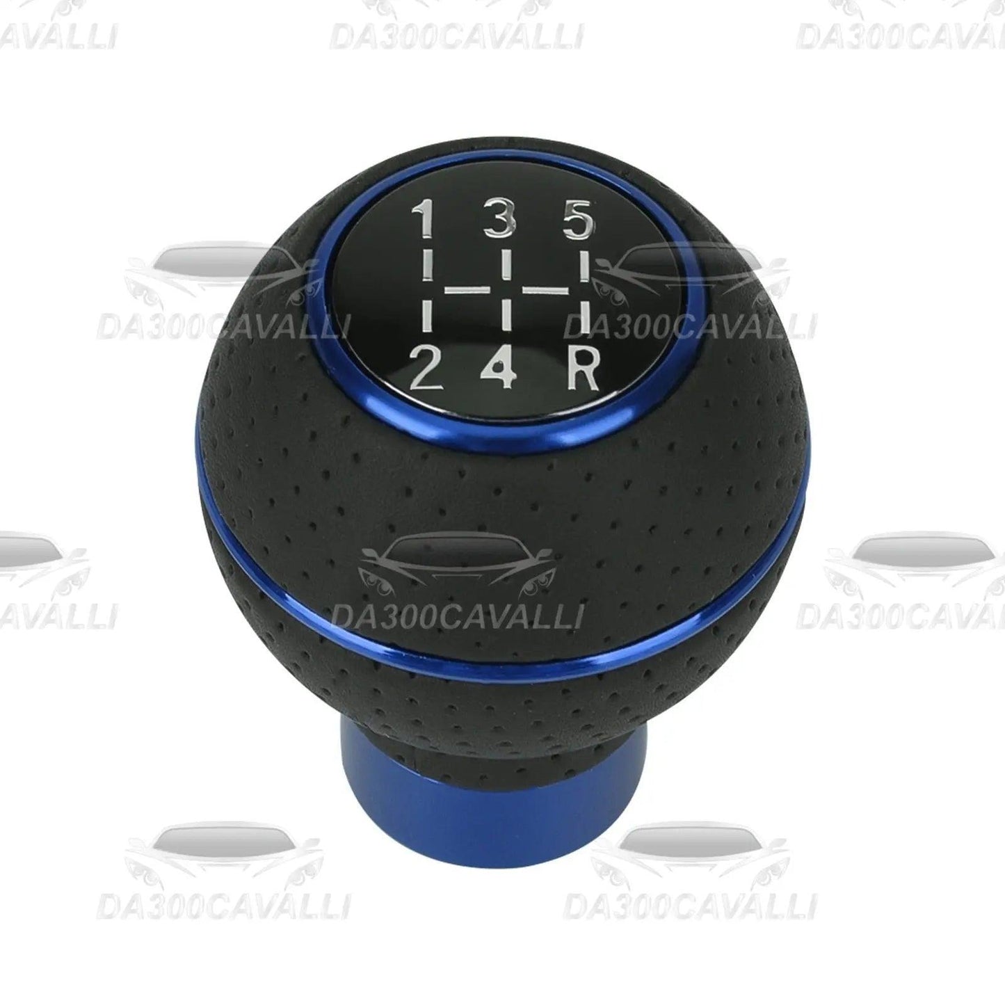 Pomello cambio 5 marce nero e blu per auto tuning Da300Cavalli, vista dettagliata.