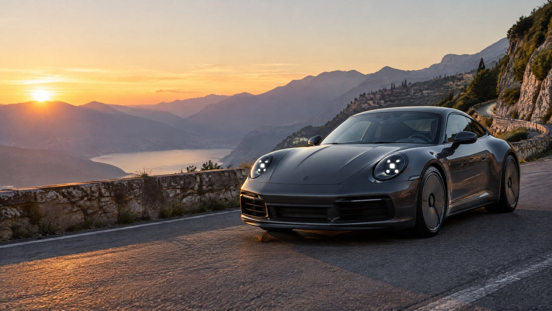 Porsche 911 moderna scura su strada di montagna al tramonto