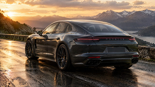 Porsche Panamera grigio scuro su una strada di montagna bagnata al tramonto, vista posteriore di tre quarti