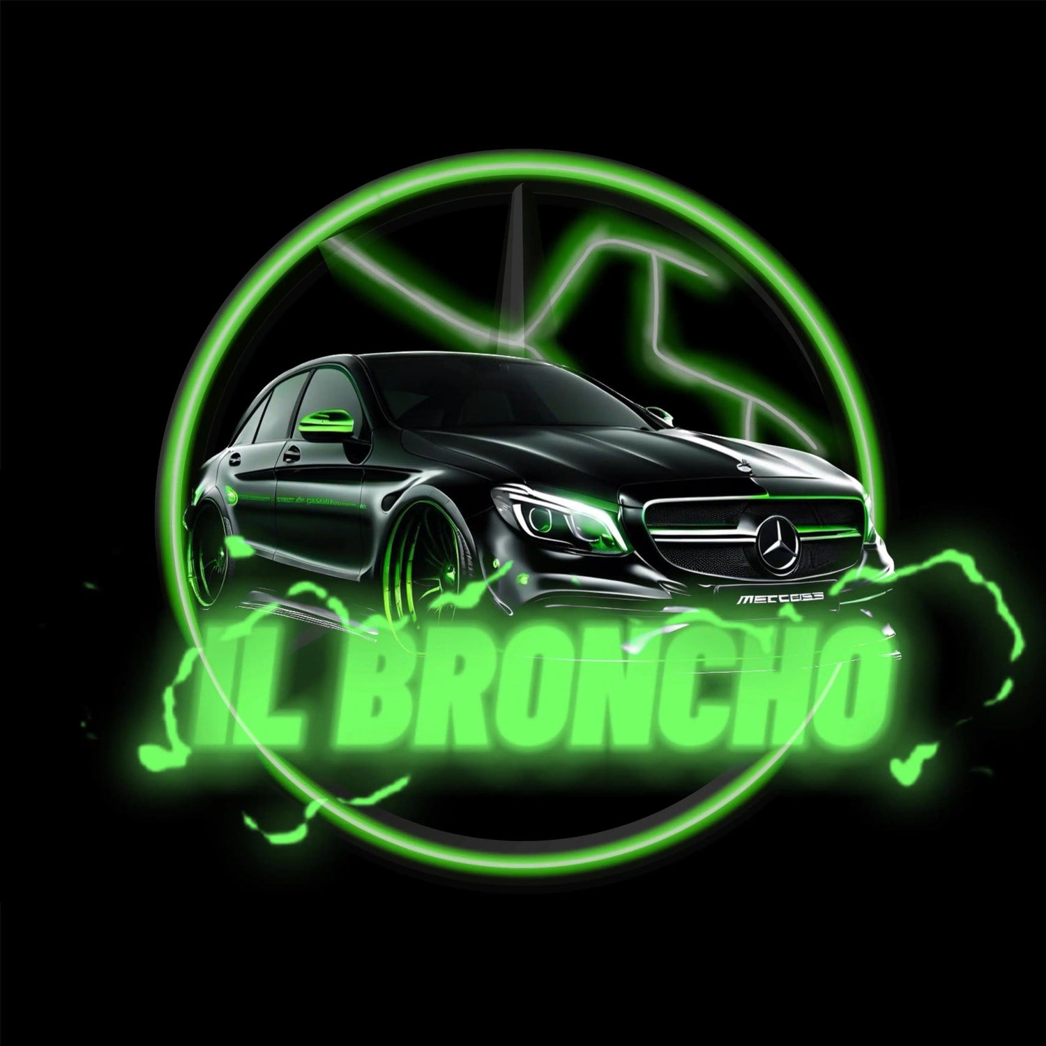 Mercedes nera stilizzata con dettagli verdi, logo Il Broncho, grafica tuning Da300Cavalli.