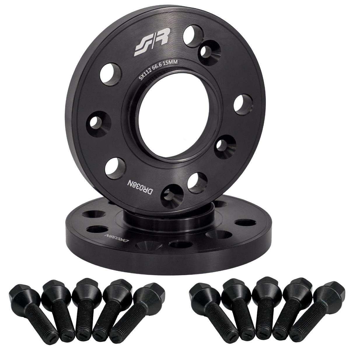 2 distanziali ruota neri 15mm 5x112 66,6 con bulloneria sferica – Simoni Racing