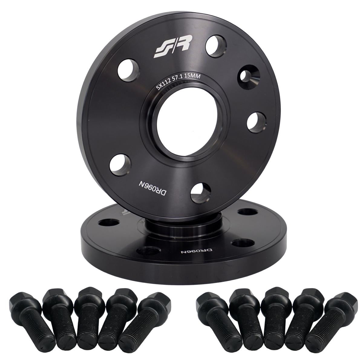 2 distanziali ruota neri 15mm 5x112 57,1 con bulloneria sferica – Simoni Racing