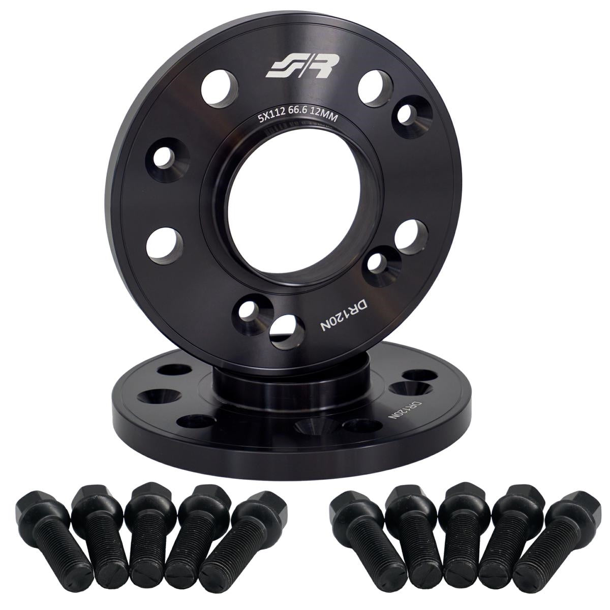 2 distanziali ruota neri 12mm 5x112 66,6 con bulloneria sferica – Simoni Racing