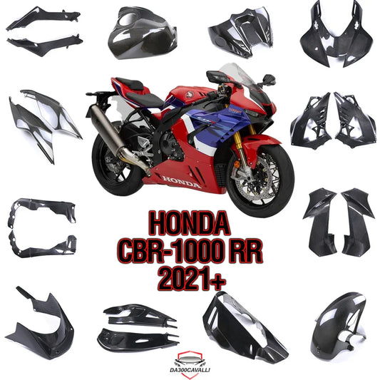 Carene in carbonio per Honda CBR1000RR 2021, moto sportiva rossa, ricambi Da300Cavalli.