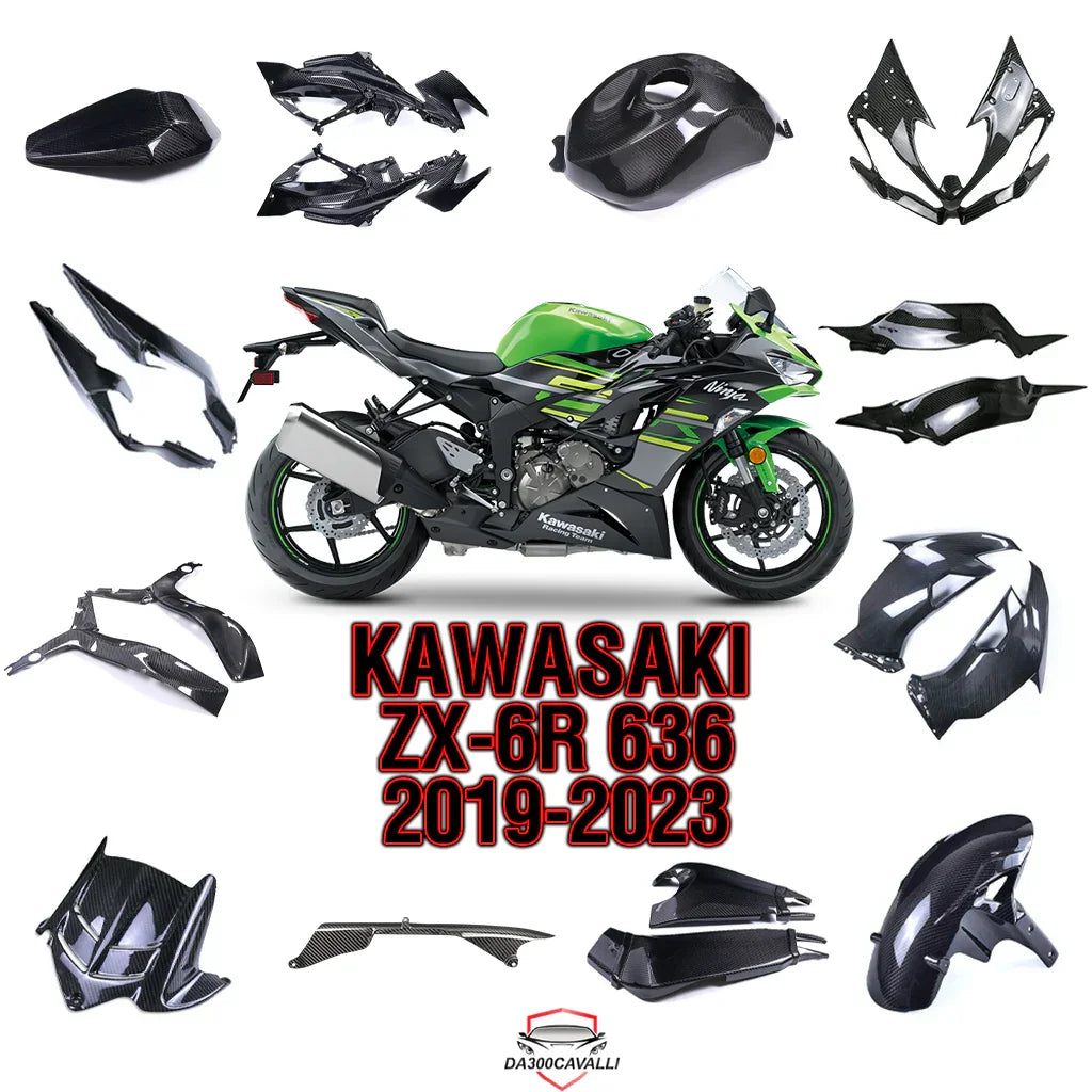 Kit carene in carbonio per Kawasaki ZX-6R 636 2019-2023, moto verde Da300Cavalli.