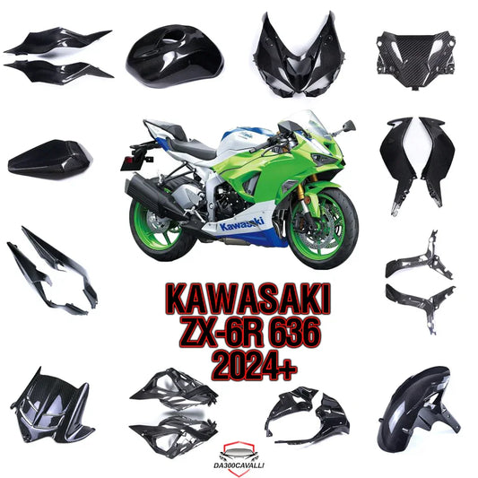 Kit carene in carbonio per Kawasaki ZX-6R 636 2024, ricambi moto Da300Cavalli tuning.