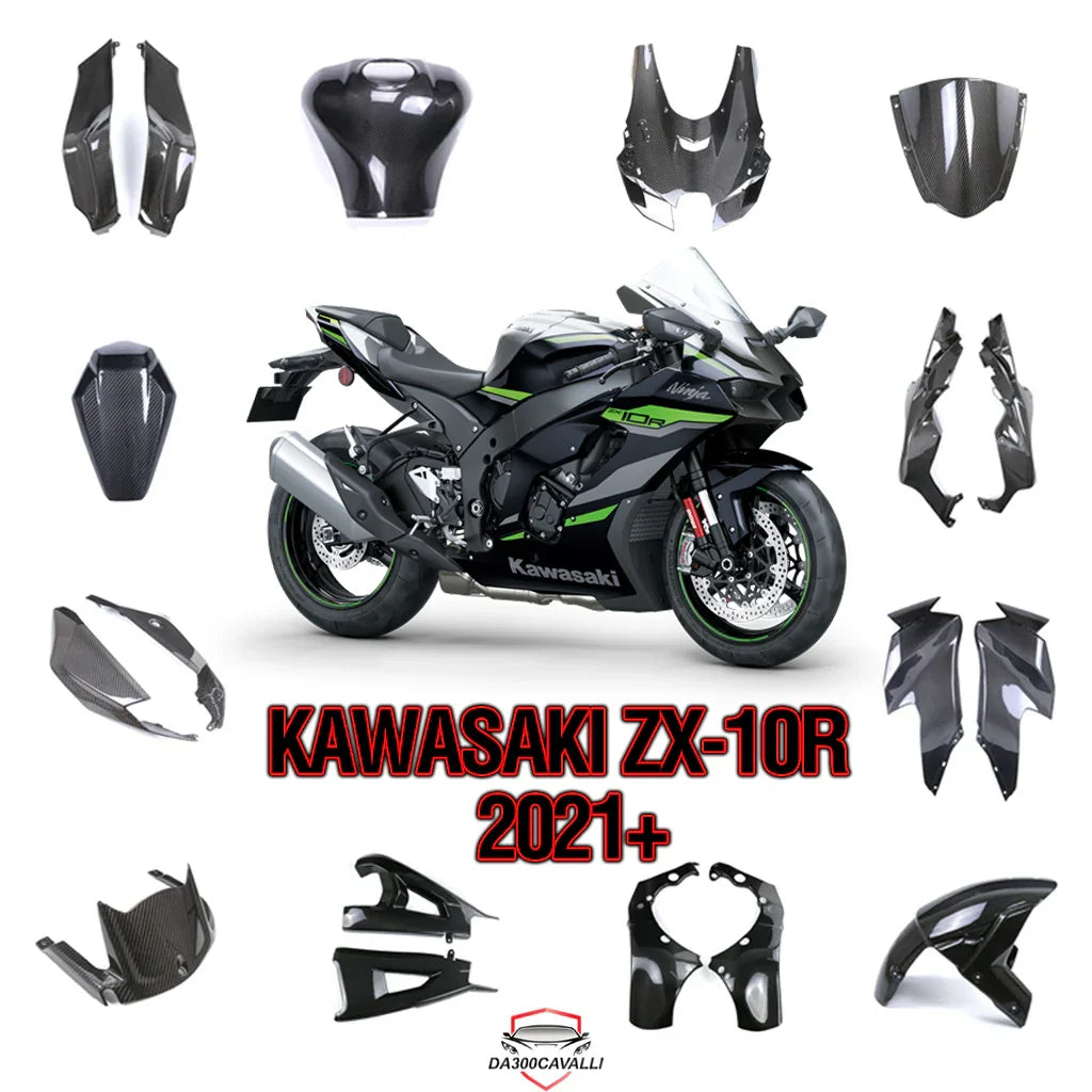 Kawasaki ZX-10R 2021 nera e verde con carene in carbonio, ricambi tuning Da300Cavalli