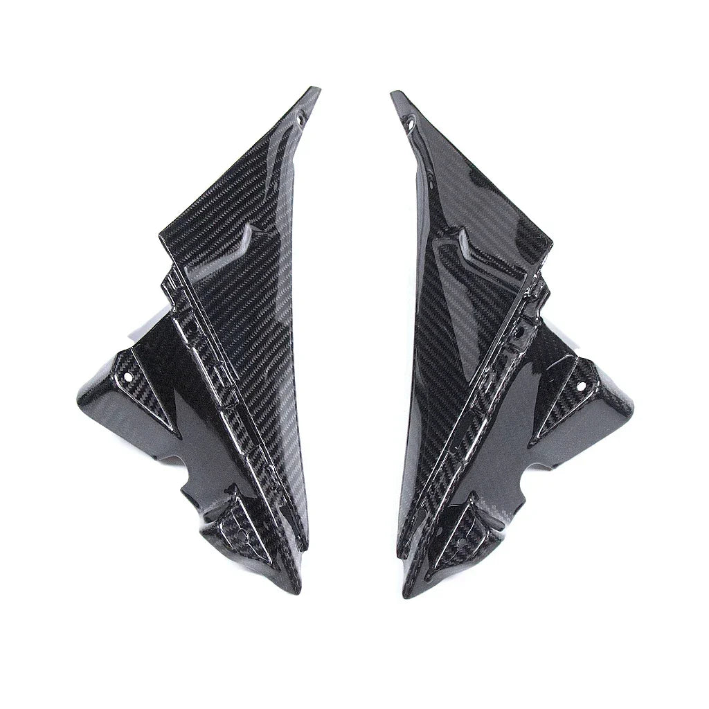 Coppia carene in carbonio per moto, accessori tuning Da300Cavalli su fondo bianco