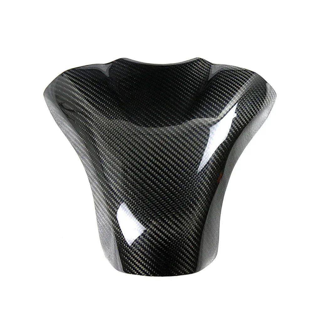 Cover serbatoio moto in carbonio lucido, accessorio tuning Da300Cavalli, sfondo bianco.