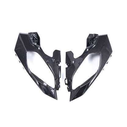 Carene laterali in carbonio per moto, ricambio tuning da300cavalli, sfondo bianco.