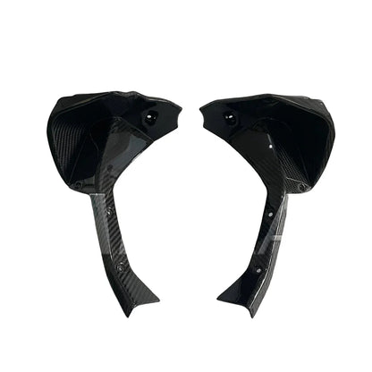Coppia carene laterali moto in carbonio, ricambio tuning Da300Cavalli, sfondo bianco.