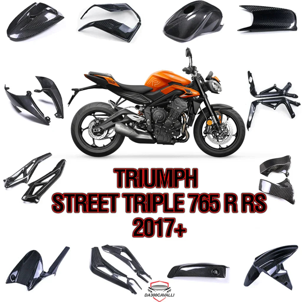 Triumph Street Triple 765 R RS 2017 moto arancione con accessori carbonio Da300Cavalli tuning