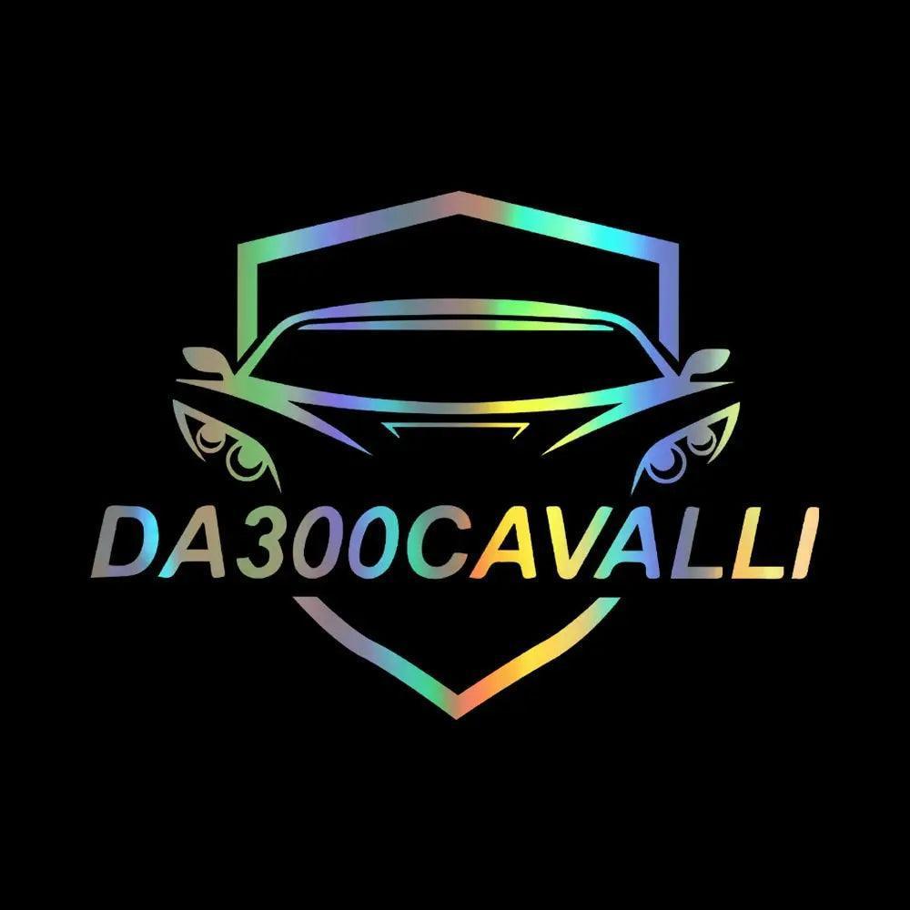 Adesivo logo Da300Cavalli arcobaleno con auto stilizzata su sfondo nero, tuning auto.