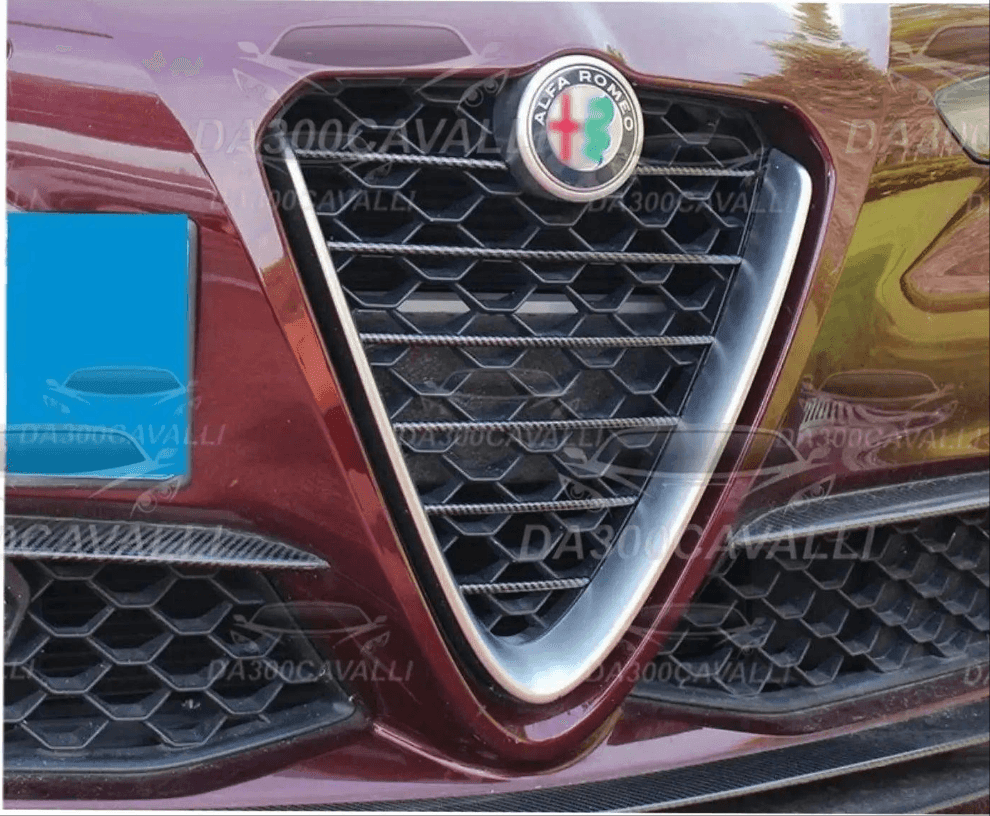 Copertura griglia anteriore Alfa Romeo Giulia e Stelvio, dettaglio frontale tuning auto Da300Cavalli.