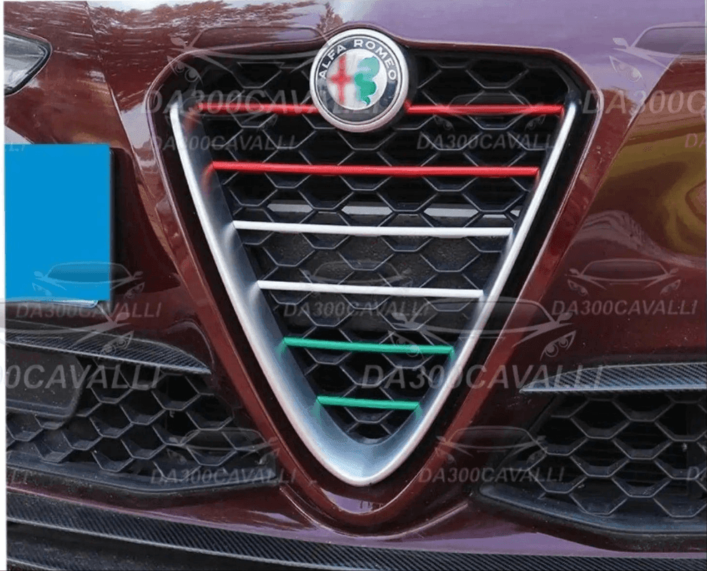 Copertura griglia frontale Alfa Romeo Giulia e Stelvio con inserti rossi e verdi, tuning Da300Cavalli.