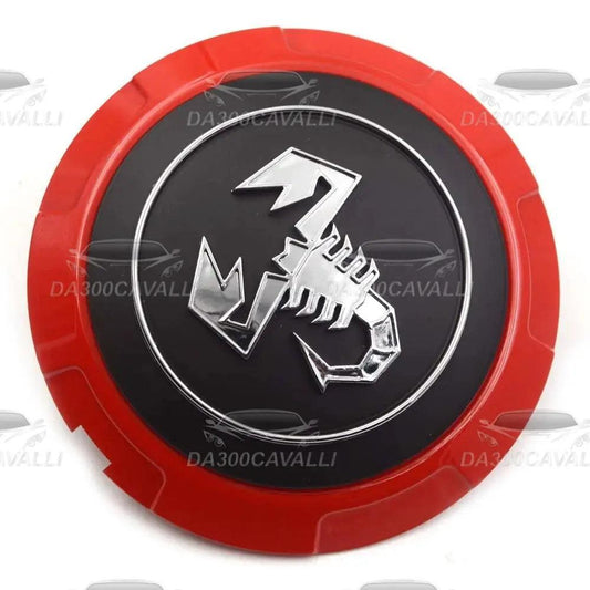 Coprimozzo Fiat 500 Abarth nero e rosso con logo scorpione cromato, ricambio tuning Da300Cavalli