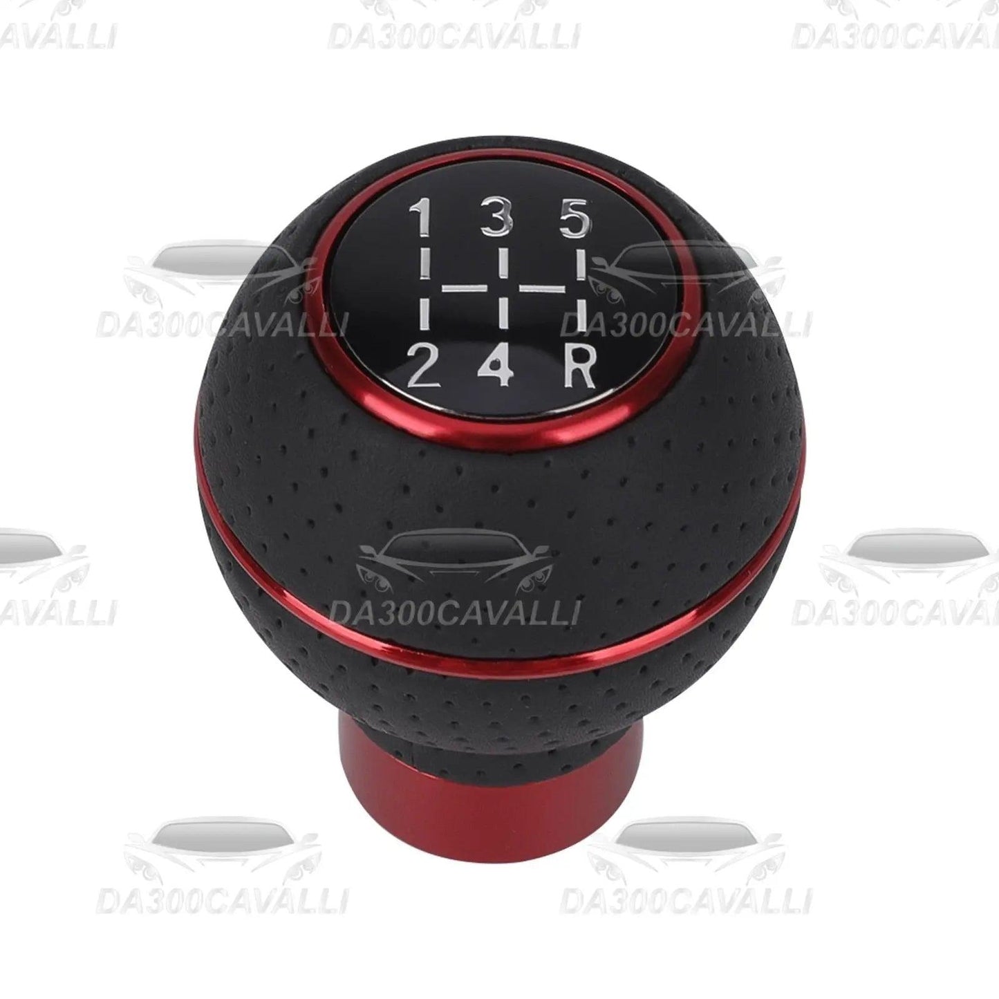 Pomello del cambio 5 marce nero e rosso per auto tuning Da300Cavalli, vista frontale.