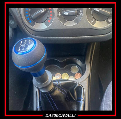 Pomello cambio 5 marce auto tuning blu e nero Da300Cavalli, console centrale con monete.