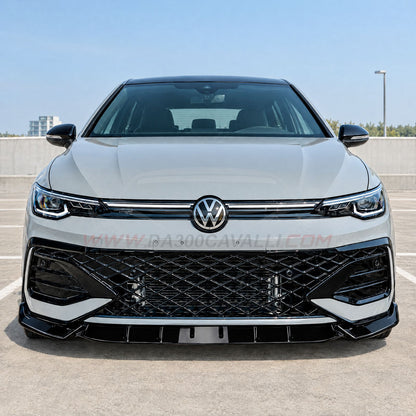 Splitter nero lucido montato su Volkswagen Golf 8.5 GTI dal 2024, vista frontale