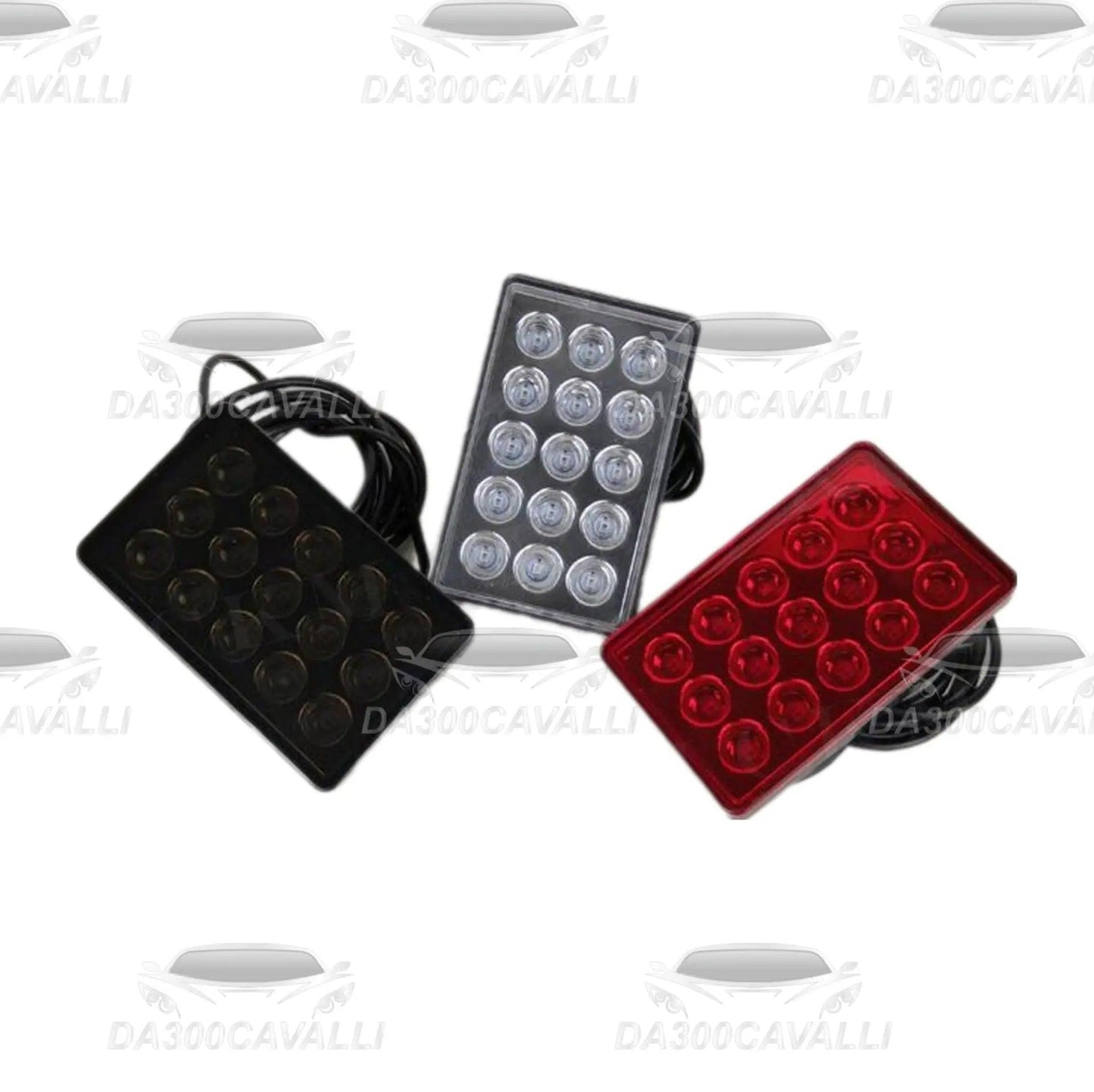 Set 3 luci LED rettangolari per auto tuning Da300Cavalli, nero, bianco e rosso
