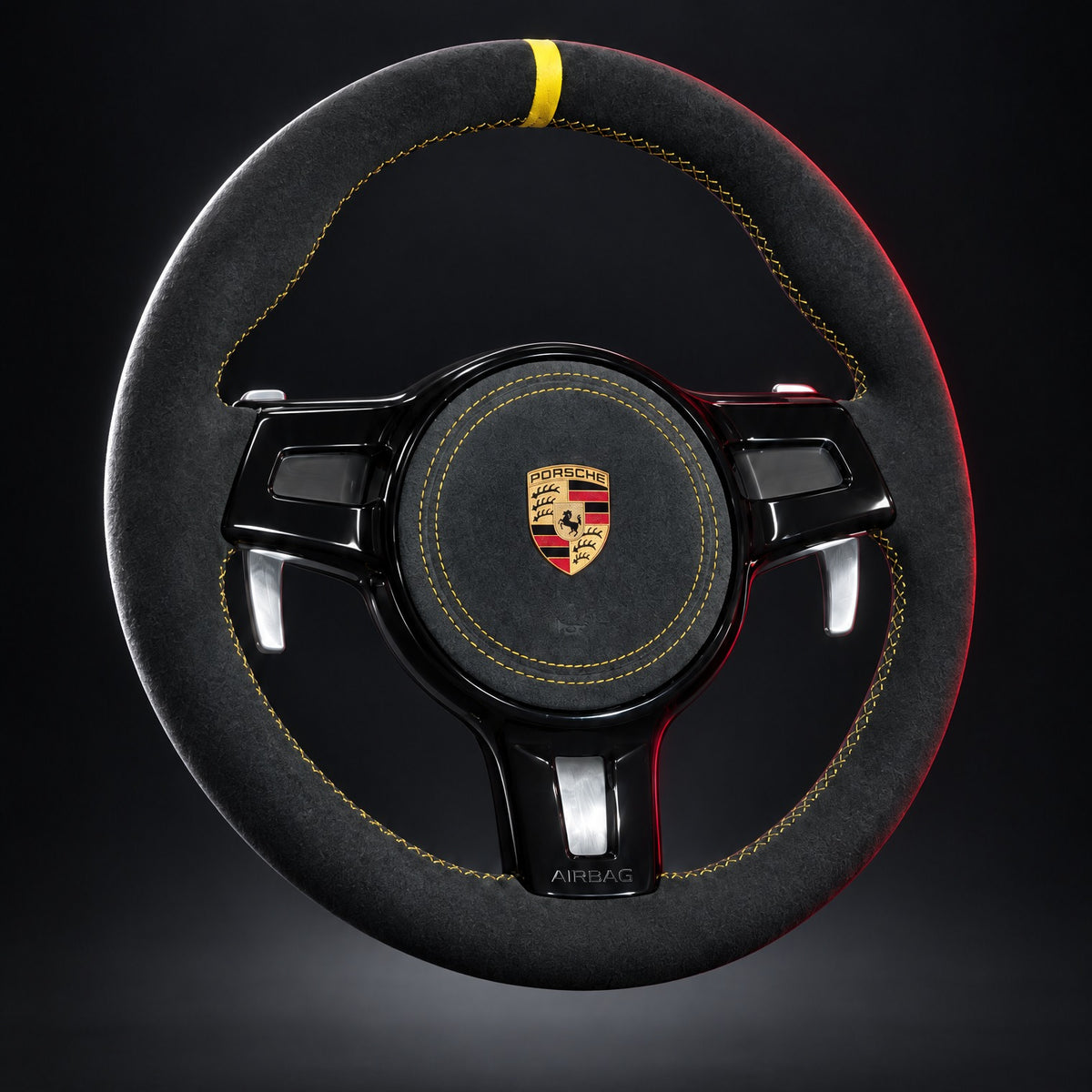 Volante Porsche 981 e 991 in Alcantara con cuciture gialle e palette in alluminio
