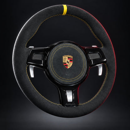 Volante Porsche 981 e 991 in Alcantara con cuciture gialle e palette in alluminio