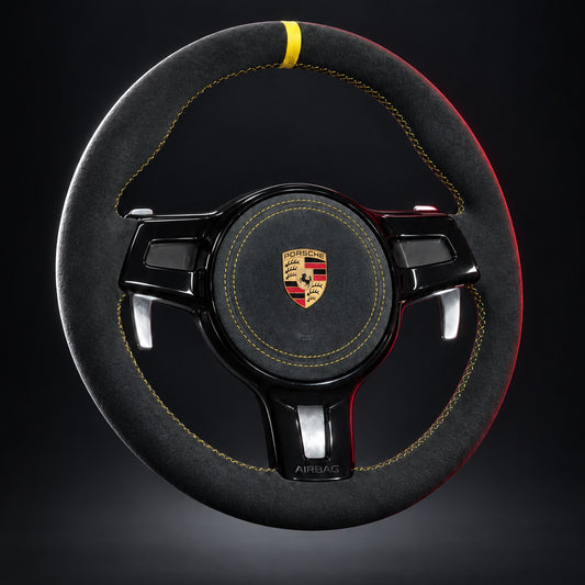 Volante Porsche 981 e 991 in Alcantara con cuciture gialle e palette in alluminio